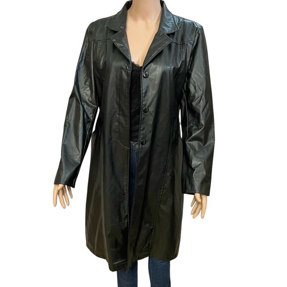 90s Rave Faux Leather Jacket Medium Black Button Down Mid Length Minimalist Goth - Picture 1 of 9